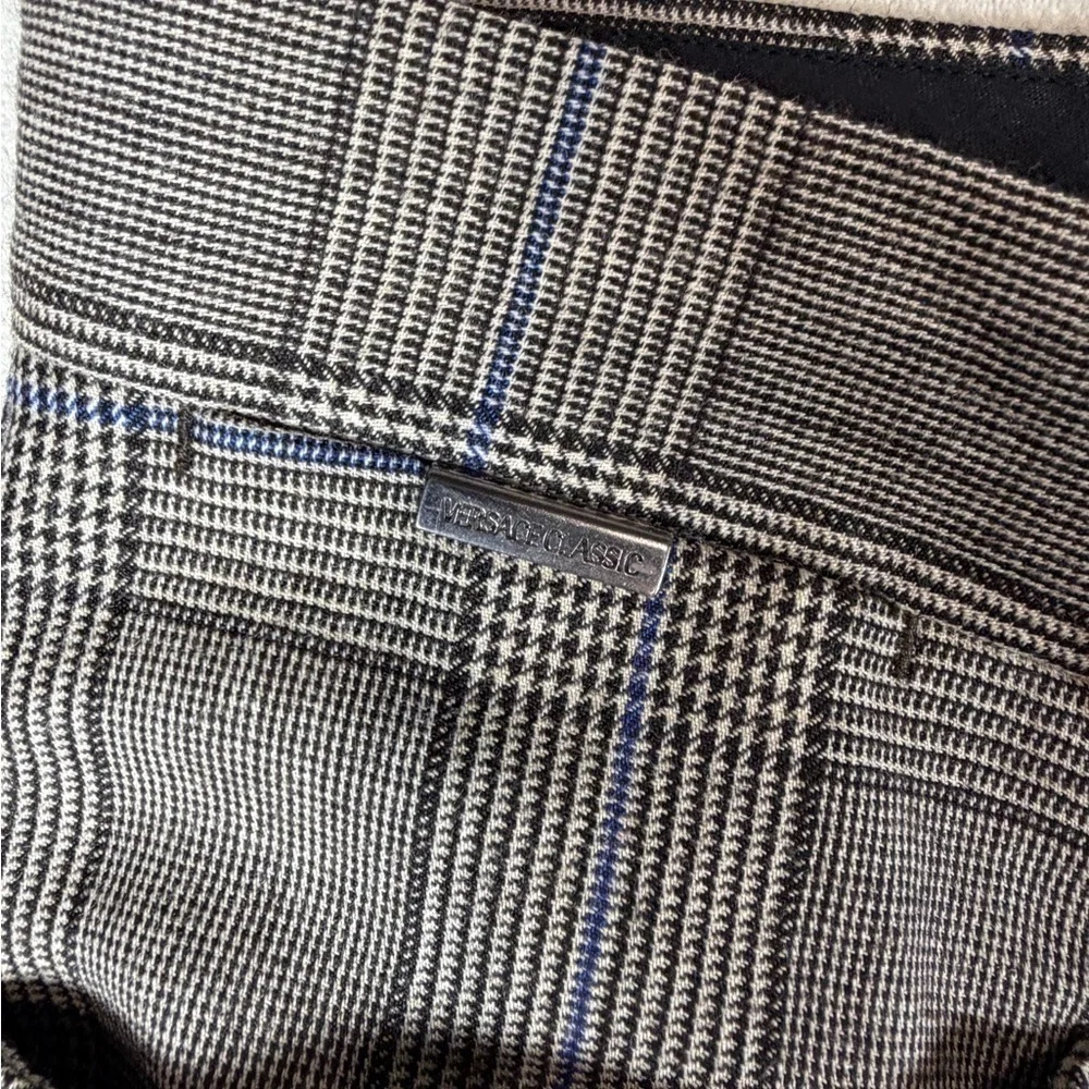 Versace Classic Made in Italy 38W 100% Wool Black and Blue Glen Plaid Dress Pant